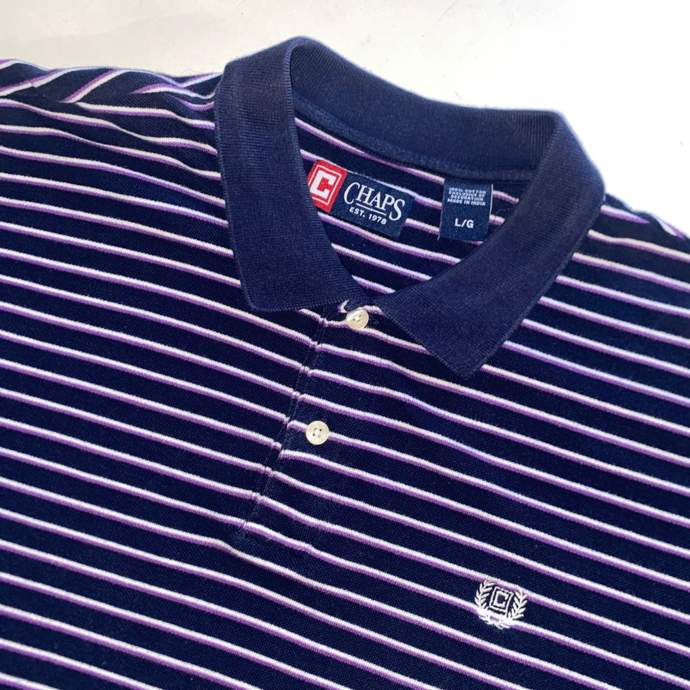 Chaps Mens Large Navy Blue Purple White Striped Cotton Short Sleeve Polo Shirt